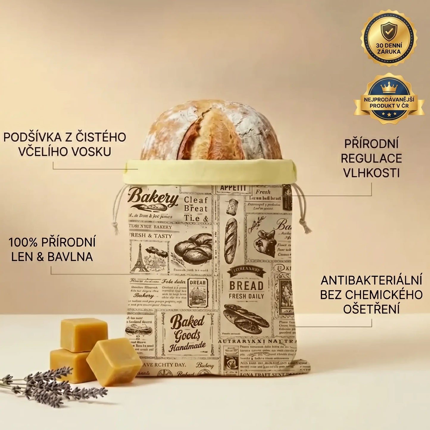 Prémiové sáčky na chléb vyrobené ze 100% bavlny a včelího vosku.